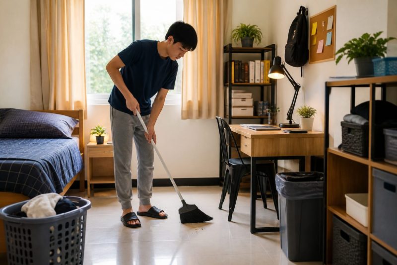 Ilustrasi Mahasiswa Sedang Membersihkan Kamar, (Foto: AI)