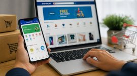 Ilustrasi Seseorang Berbelanja Online dengan Smartphone dan Laptop, (Foto: AI.)
