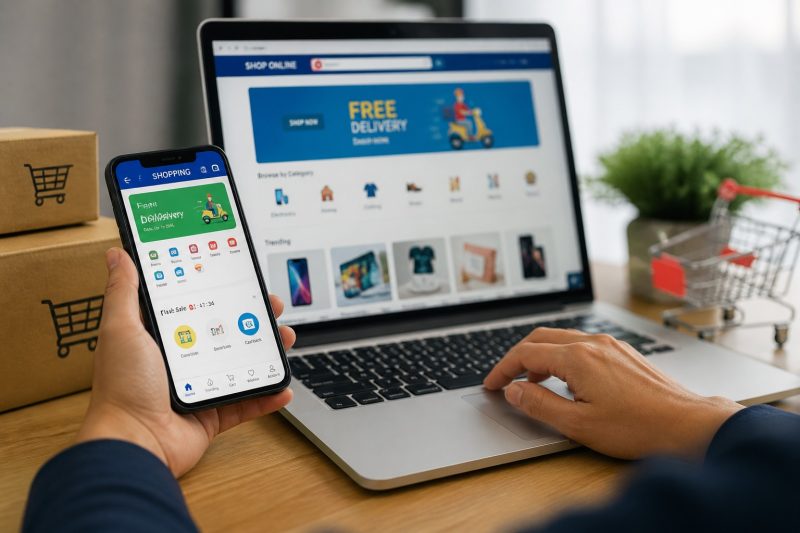 Ilustrasi Seseorang Berbelanja Online dengan Smartphone dan Laptop, (Foto: AI.)