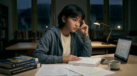 Ilustrasi mahasiswa yang disibukkan dengan tugas dan deadline menjelang akhir semester, (Foto: Ai.)