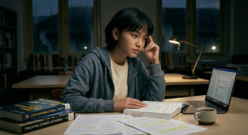 Ilustrasi mahasiswa yang disibukkan dengan tugas dan deadline menjelang akhir semester, (Foto: Ai.)