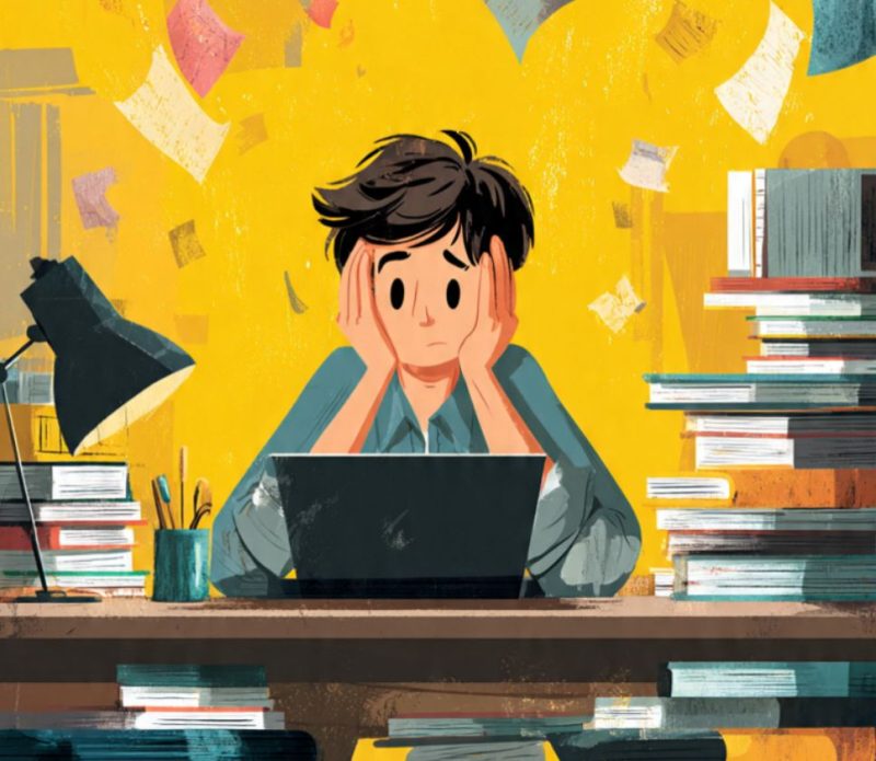 Ilustrasi Mahasiswa yang Sedang Frustasi saat Kerja Laporan, (Foto: Ai.)