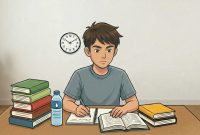 Ilustrasi Mahasiswa Sedang Belajar Persiapan UAS, (Foto: AI).