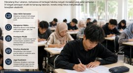 Ilustrasi mahasiswa yang tengah mengikuti Ujian Akhir Semester (UAS) di tengah persiapan mudik Lebaran. (Foto: AI)