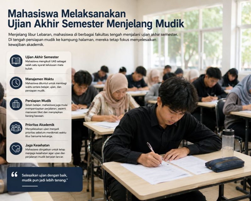 Ilustrasi mahasiswa yang tengah mengikuti Ujian Akhir Semester (UAS) di tengah persiapan mudik Lebaran. (Foto: AI)