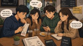 Ilustrasi Mahasiswa sedang menghitung pengeluaran sambil nongkrong di kafe, (Foto: AI)