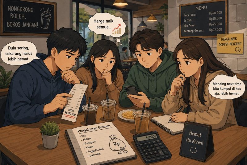 Ilustrasi Mahasiswa sedang menghitung pengeluaran sambil nongkrong di kafe, (Foto: AI)