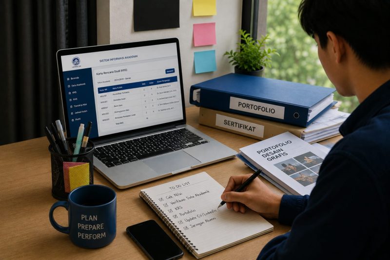 Ilustrasi mahasiswa mulai mempersiapkan administrasi akademik dan menyusun portofolio menjelang libur semester, (Foto: AI.)
