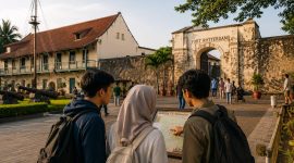 Ilustrasi mahasiswa mengunjungi Benteng Fort Rotterdam, Makassar (Foto: AI.)