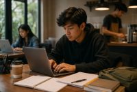 Ilustrasi Mahasiswa Sedang Belajar Sambil Kerja Paruh Waktu, (Foto: AI)