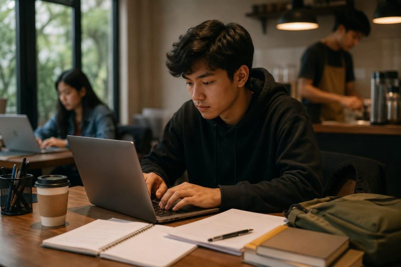 Ilustrasi Mahasiswa Sedang Belajar Sambil Kerja Paruh Waktu, (Foto: AI)
