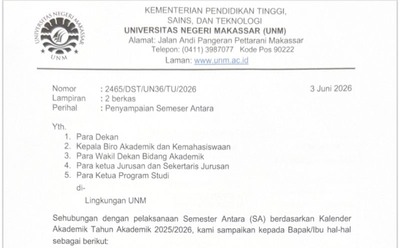 Surat Edaran tentang Pelaksanaan Semester Antara Tahun Ajaran 2025/2026, (Foto: Ist.)