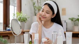 Ilustrasi mahasiswi melakukan perawatan wajah menggunakan rangkaian produk skincare, (Foto: AI.)
