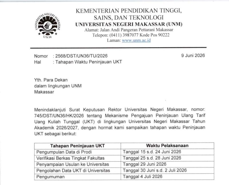 Surat Edaran Peninjauan Uang Kuliah Tunggal TA 2026/2027, (Foto: Int.)