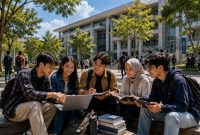 Ilustrasi sejumlah mahasiswa baru berdiskusi bersama di area kampus (Foto: AI)