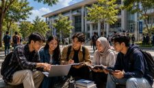 Ilustrasi sejumlah mahasiswa baru berdiskusi bersama di area kampus (Foto: AI)