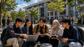 Ilustrasi sejumlah mahasiswa baru berdiskusi bersama di area kampus (Foto: AI)