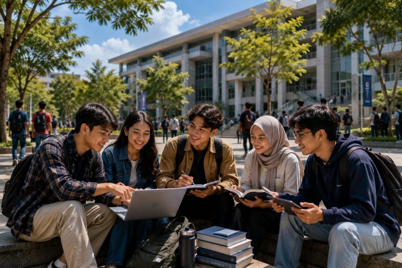 Ilustrasi sejumlah mahasiswa baru berdiskusi bersama di area kampus (Foto: AI)