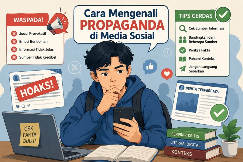 Ilustrasi Mahasiswa Menyaring Informasi untuk Menghindari Propaganda Digital (Foto: Ai.)