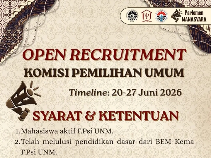 Poster rekrutmen anggota Komisi Pemilihan Umum (KPU) Kema F.Psi UNM, (Foto: Int.)