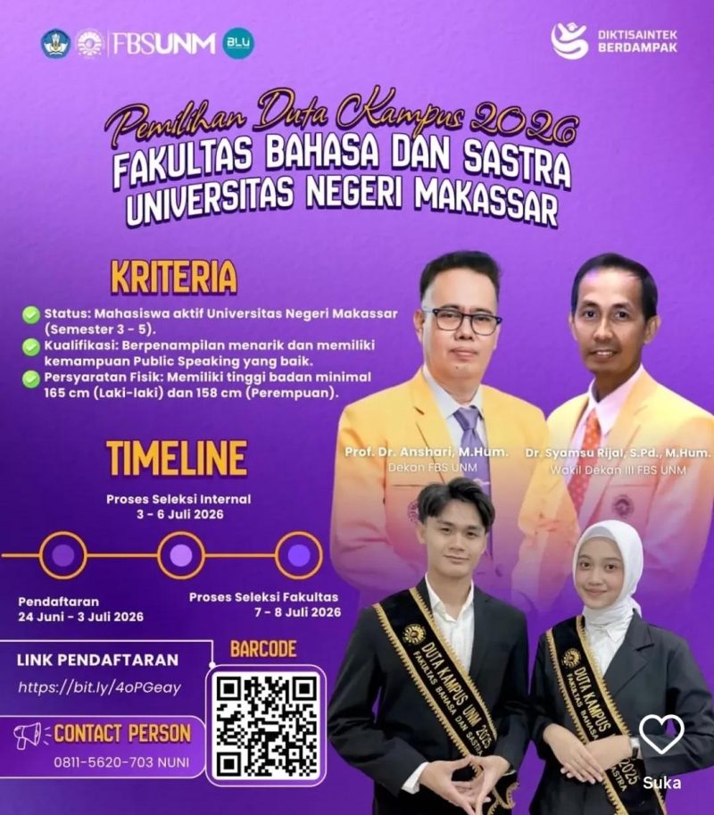 Pamflet Pendaftaran Duta Kampus FBS UNM (Foto: Int.)