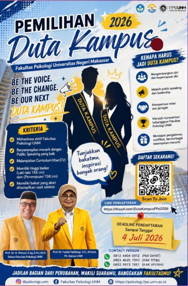 Flyer Pemilihan Duta Kampus 2026 Fakultas Psikologi Universitas Negeri Makassar, (Foto: Int.)