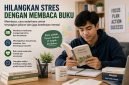 Ilustrasi mahasiswa membaca buku untuk mengurangi stres, (Foto: Ai.)