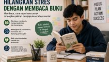 Ilustrasi mahasiswa membaca buku untuk mengurangi stres, (Foto: Ai.)