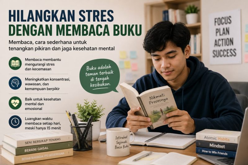 Ilustrasi mahasiswa membaca buku untuk mengurangi stres, (Foto: Ai.)