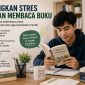 Ilustrasi mahasiswa membaca buku untuk mengurangi stres, (Foto: Ai.)
