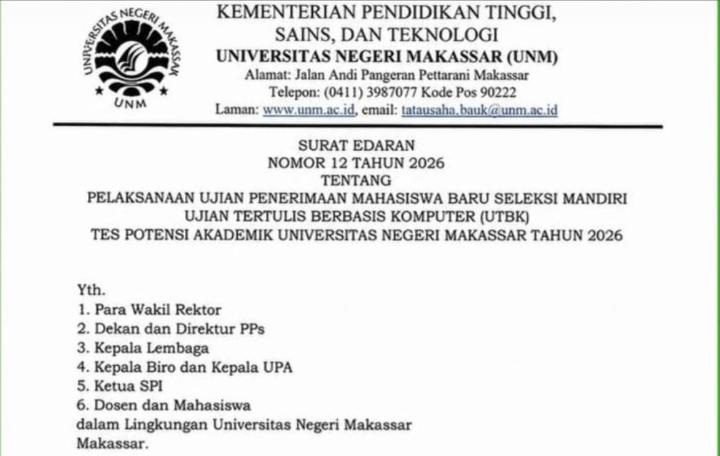 Surat Edaran Tentang Pelaksanaan UTBK Tes Potensi Akademik UNM 2026, (Foto: Ist.)