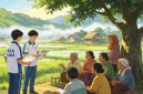 Ilustrasi Mahasiswa yang sedang sosialisasi dengan warga, (Foto: AI.)