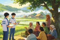 Ilustrasi Mahasiswa yang sedang sosialisasi dengan warga, (Foto: AI.)