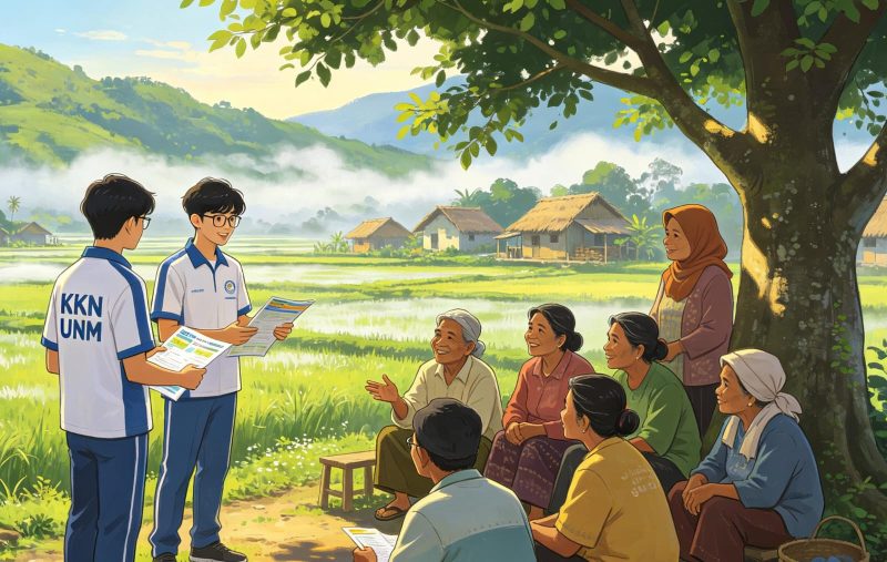 Ilustrasi Mahasiswa yang sedang sosialisasi dengan warga, (Foto: AI.)
