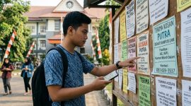 Ilustrasi Mahasiswa Sedang Mencari Info Kos (Foto: Ai.)