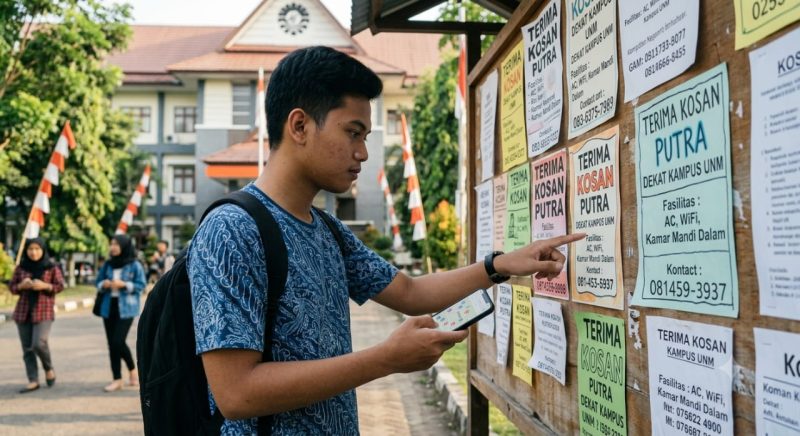 Ilustrasi Mahasiswa Sedang Mencari Info Kos (Foto: Ai.)