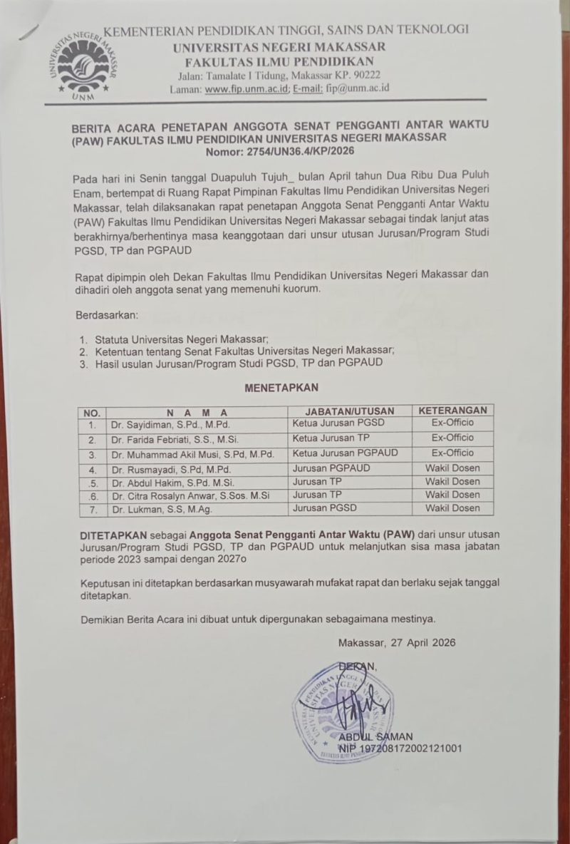 Berita acara rapat pimpinan FIP UNM terkait penetapan anggota Senat PAW dari unsur PGPAUD, (Foto: Dok. Profesi)
