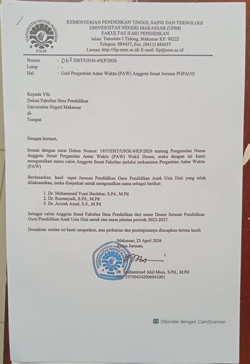 Surat Usulan Tiga Nama Calon Anggota Senat PAW dari Jurusan PGPAUD Kepada Dekan FIP UNM, (Foto: Dok. Profesi)