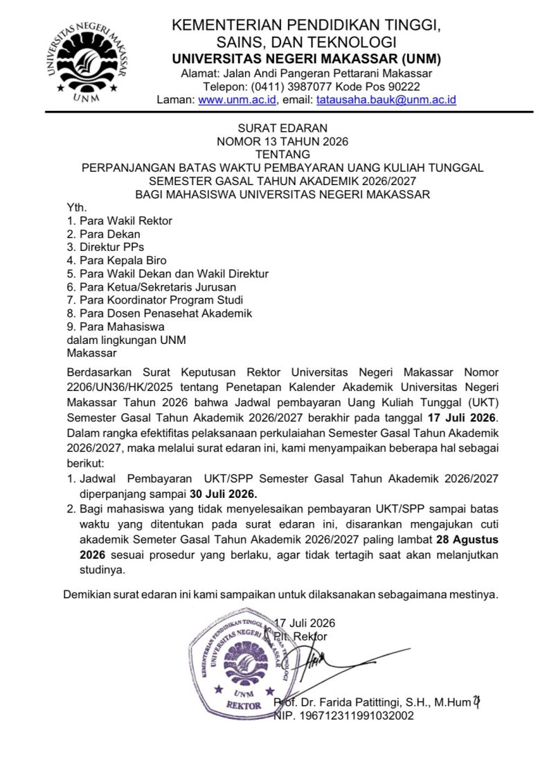 Surat Edaran Perpanjangan Waktu Pembayaran Uang Kuliah Tunggal, (Foto: Ist.)