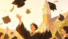 Ilustrasi mahasiswa sedang melempar topi toga, (Foto: AI.)