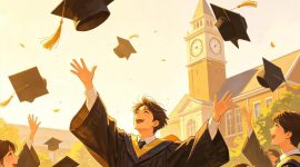 Ilustrasi mahasiswa sedang melempar topi toga, (Foto: AI.)