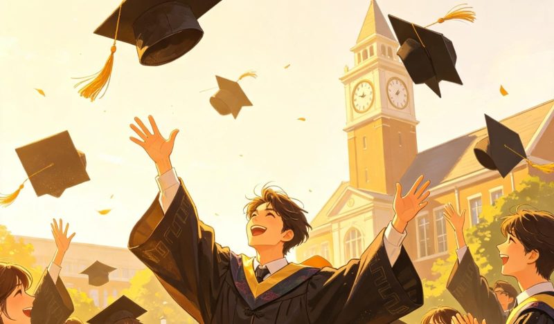 Ilustrasi mahasiswa sedang melempar topi toga, (Foto: AI.)