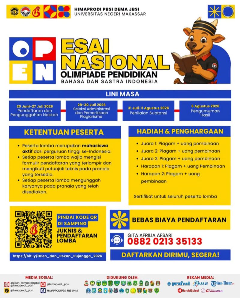 Poster Lomba Esai Nasional OPEN 2026 oleh Himaprodi PBSI, (Foto: Int.)