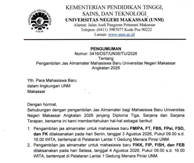 Surat Edaran Pengumuman Pengambilan Jas Almamater Mahasiswa Baru Angkatan 2026, (Foto: Int)