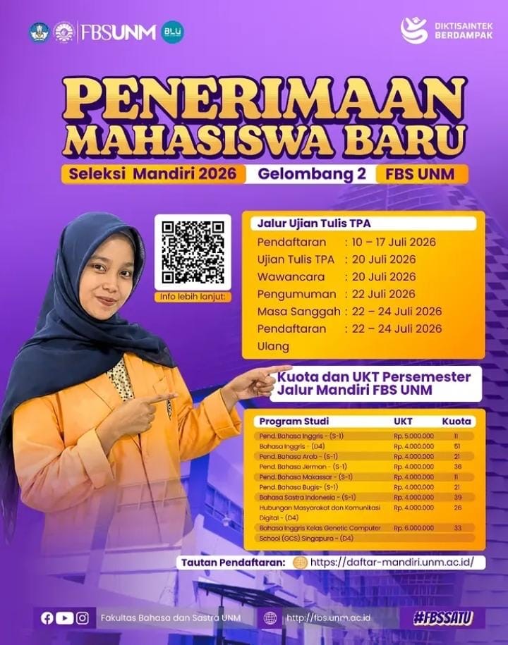 Pamflet Penerimaan Mahasiswa Baru Seleksi Mandiri 2026 Gelombang 2 FBS UNM, (Foto:Int)