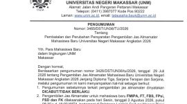 Surat Edaran Pembatalan dan Perubahan Persyaratan Pengambilan Jas Almamater Mahasiswa Baru UNM 2026, (Foto: Int.)
