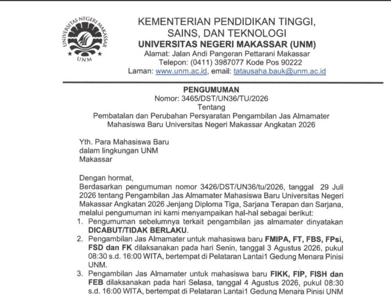 Surat Edaran Pembatalan dan Perubahan Persyaratan Pengambilan Jas Almamater Mahasiswa Baru UNM 2026, (Foto: Int.)
